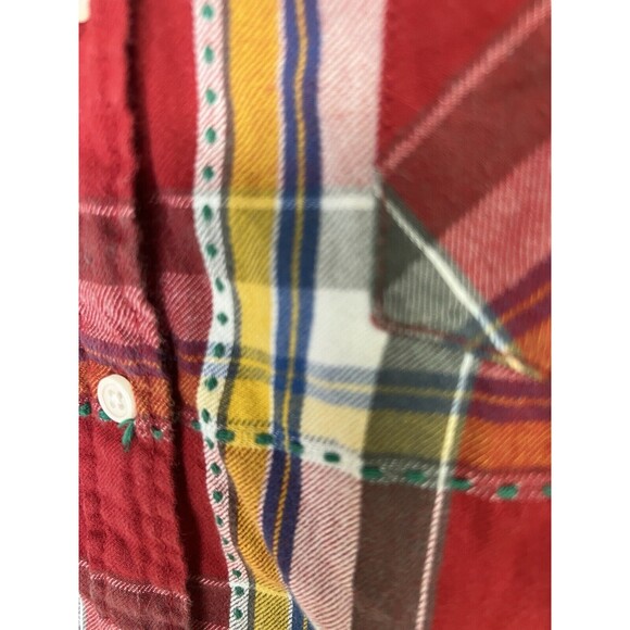 Uniqlo Long Sleeve Flannel Button Up Shirt Size S Small Red Plaid Green Stitch - Picture 4 of 7